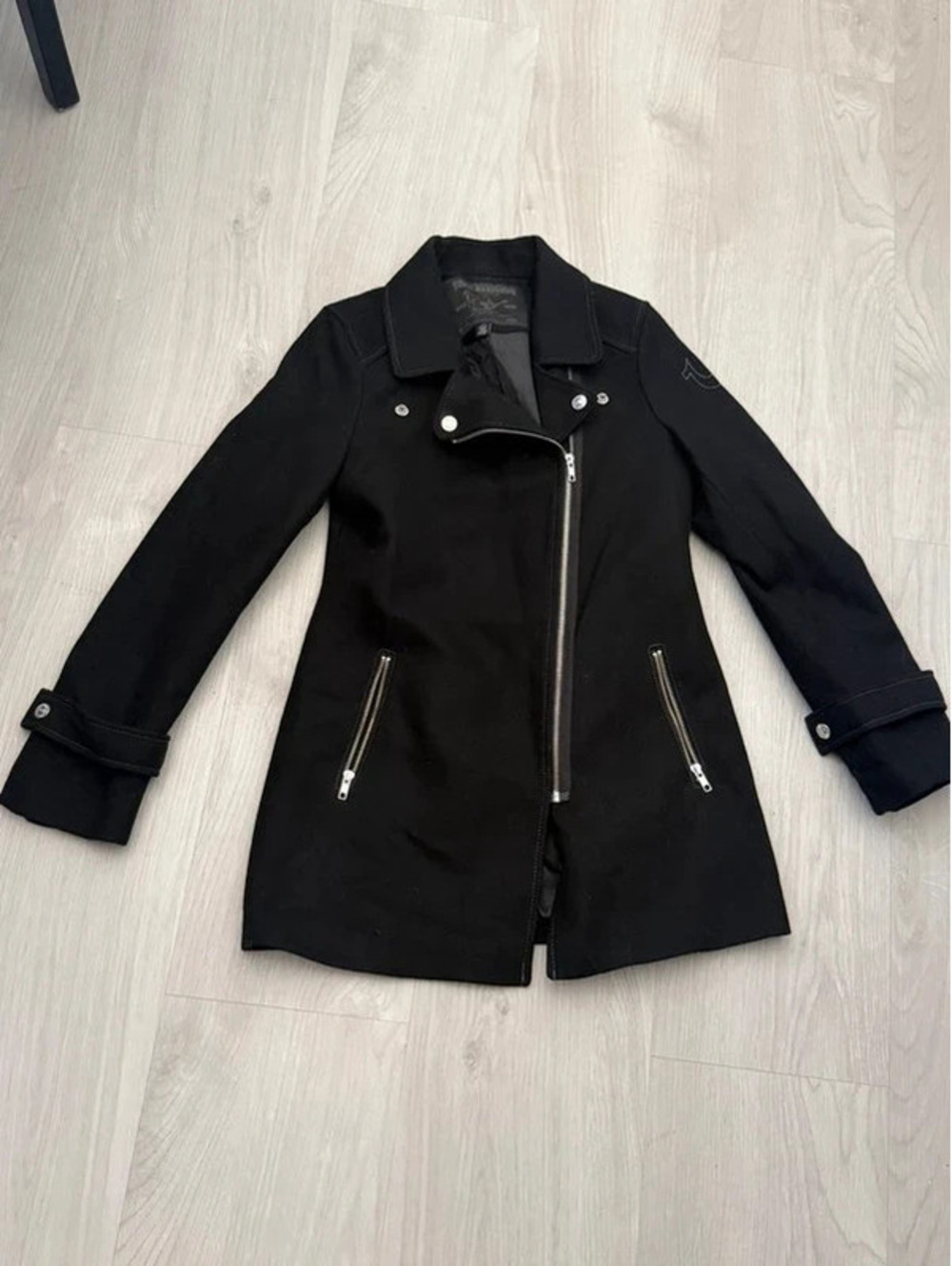 True Religion Wool Blend Moto Pea Coat Jacket Black Asymmetrical Zip - Size S